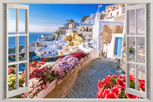 HUBDECO - Wandtattoo - Wanddeko - Selbstklebende Folie - Fototapete - Wandsticker - Fototapete 3d Effekt - Selbstklebende Tapete - Fenster & Stadt Motiv - Griechenland, Santorini, Meer - 150x100cm von HUBDECO