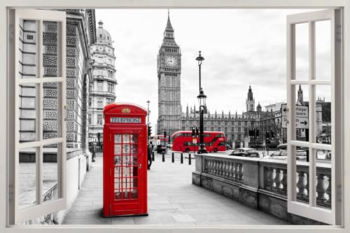 HUBDECO - Wandtattoo - Wanddeko - Selbstklebende Folie - Fototapete - Wandsticker - Fototapete 3d Effekt - Selbstklebende Tapete - Fenster & Stadt Motiv - London, BIG BEN, Straße - 150x100cm von HUBDECO