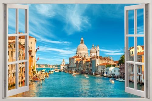 HUBDECO - Wandtattoo - Wanddeko - Selbstklebende Folie - Fototapete - Wandsticker - Fototapete 3d Effekt - Selbstklebende Tapete - Fenster & Stadt Motiv - Venedig Italien Kanal - 120x80cm von HUBDECO