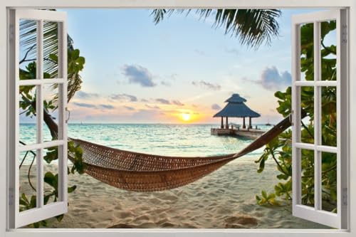 HUBDECO - Wandtattoo - Wanddeko - Selbstklebende Folie - Wandsticker - Fototapete 3d Effekt - Selbstklebende Tapete - Fenster & Meer Motiv - Hängematte Strand Sonne - 90x60cm HUBDECO - Wandtattoo - Wanddeko - Selbstklebende Folie - Wandsticker - Fototapete 3d Effekt - Selbstklebende Tapete - Fenster & Meer Motiv - Hängematte Strand Sonne - 90x60cm von HUBDECO