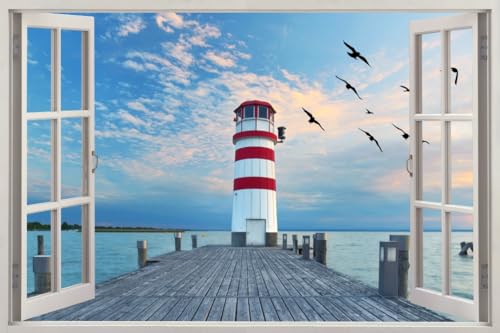 HUBDECO - Wandtattoo - Wanddeko - Selbstklebende Folie - Wandsticker - Fototapete 3d Effekt - Selbstklebende Tapete - Fenster & Meer Motiv - Leuchtturm Seemöwen - 120x80cm HUBDECO - Wandtattoo - Wanddeko - Selbstklebende Folie - Wandsticker - Fototapete 3d Effekt - Selbstklebende Tapete - Fenster & Meer Motiv - Leuchtturm Seemöwen - 120x80cm von HUBDECO