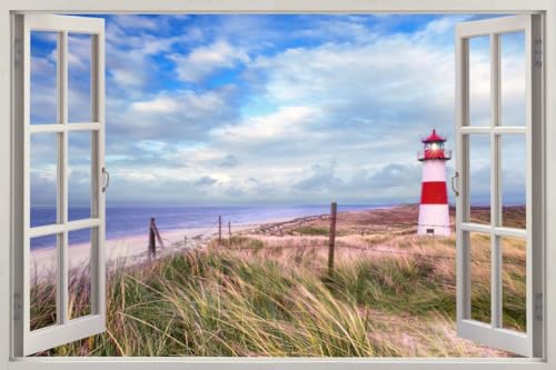 HUBDECO - Wandtattoo - Wanddeko - Selbstklebende Folie - Wandsticker - Fototapete 3d Effekt - Selbstklebende Tapete - Fenster & Meer Motiv - Meer Leuchtturm - 120x80cm von HUBDECO