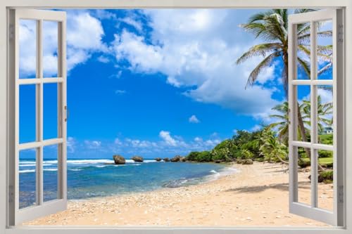 HUBDECO - Wandtattoo - Wanddeko - Selbstklebende Folie - Wandsticker - Fototapete 3d Effekt - Selbstklebende Tapete - Fenster & Meer Motiv - Palmenstrand - 120x80cm von HUBDECO