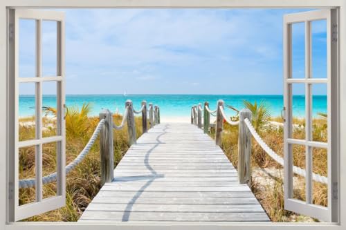 HUBDECO - Wandtattoo - Wanddeko - Selbstklebende Folie - Wandsticker - Fototapete 3d Effekt - Selbstklebende Tapete - Fenster & Meer Motiv - Seebrücke Strand - 150x100cm von HUBDECO