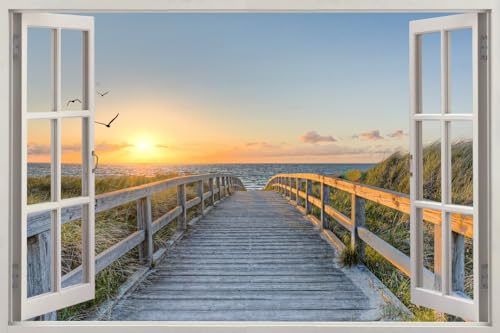 HUBDECO - Wandtattoo - Wanddeko - Selbstklebende Folie - Wandsticker - Fototapete 3d Effekt - Selbstklebende Tapete - Fenster & Meer Motiv - Sonnenuntergang an der Seebrücke - 120x80cm von HUBDECO