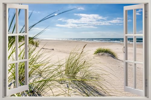 HUBDECO - Wandtattoo - Wanddeko - Selbstklebende Folie - Wandsticker - Fototapete 3d Effekt - Selbstklebende Tapete - Fenster & Meer Motiv - Strand Sanddünen - 90x60cm von HUBDECO