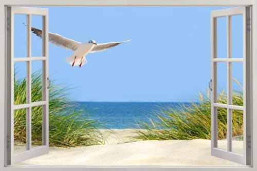 HUBDECO - Wandtattoo - Wanddeko - Selbstklebende Folie - Wandsticker - Fototapete 3d Effekt - Selbstklebende Tapete - Fenster & Meer Motiv - Strand Seemöwe - 120x80cm HUBDECO - Wandtattoo - Wanddeko - Selbstklebende Folie - Wandsticker - Fototapete 3d Effekt - Selbstklebende Tapete - Fenster & Meer Motiv - Strand Seemöwe - 120x80cm von HUBDECO
