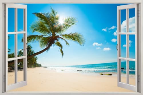 HUBDECO - Wandtattoo - Wanddeko - Selbstklebende Folie - Wandsticker - Fototapete 3d Effekt - Selbstklebende Tapete - Fenster & Meer Motiv - Strand Sonne Palmen - 120x80cm von HUBDECO
