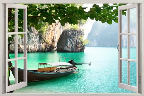 HUBDECO - Wandtattoo - Wanddeko - Selbstklebende Folie - Wandsticker - Fototapete 3d Effekt - Selbstklebende Tapete - Fenster & Meer Motiv - Thailand Boot - 90x60cm von HUBDECO
