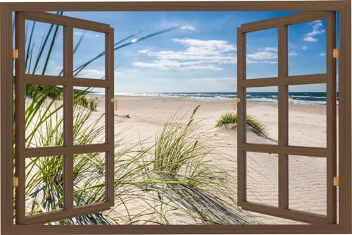 HUBDECO - Wandtattoo - Wanddeko - Selbstklebende Folie - Wandsticker - Fototapete 3d Effekt - Selbstklebende Tapete - Fenster & Meeresmotiv - Strand Sanddünen - 90x60cm von HUBDECO