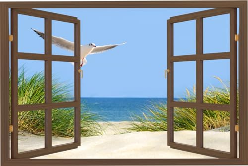 HUBDECO - Wandtattoo - Wanddeko - Selbstklebende Folie - Wandsticker - Fototapete 3d Effekt - Selbstklebende Tapete - Fenster & Meeresmotiv - Strand Seemöwe - 150x100cm von HUBDECO
