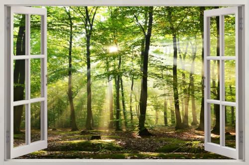 HUBDECO - Wandtattoo - Wanddeko - Selbstklebende Folie - Wandsticker - Fototapete 3d Effekt - Selbstklebende Tapete - Fenster & Natur Motiv - Grüner Wald Sonne Bäume - 120x80cm von HUBDECO