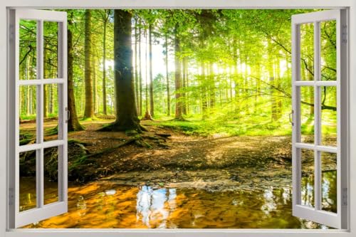 HUBDECO - Wandtattoo - Wanddeko - Selbstklebende Folie - Wandsticker - Fototapete 3d Effekt - Selbstklebende Tapete - Fenster & Natur Motiv - Wald Bäume Sonne Natur - 120x80cm von HUBDECO