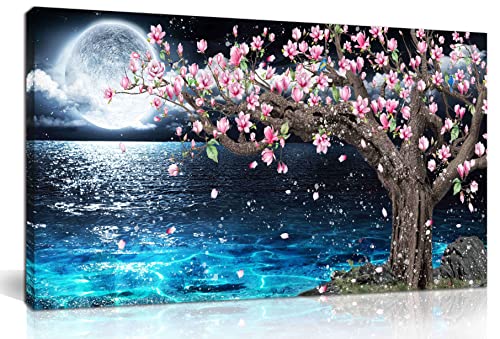 HUBOSKN Wandkunst mit rosa Blumen, für Schlafzimmer, Ozeanblau, Wanddeko für Büro, Magnolienbaum, Wandkunst, Wohnzimmer, Mond, gerahmt, Leinwand, groß, 101,6 x 50,8 cm von HUBOSKN