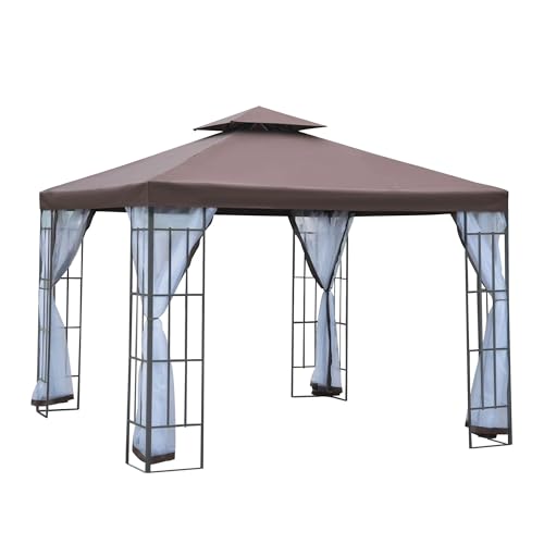 Pop-up-Pavillon Terrassenpavillon, Überdachung, Gartenpavillon, Zelt, Unterstand mit Etagendach und Moskitonetz, Stahlrahmen, Kaffeebraun von HUDFVIOI