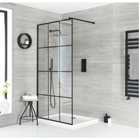 Barq - Walk-In Duschwand mit Gittermuster&44 Stützarm und 700mm x 700mm Duschwanne in Weiß - Schwarz - Hudson Reed von HUDSON REED