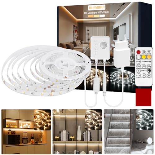HUEMIHUI 5M LED Streifen mit PIR Bewegungssensor, Dimmbar Superhelle 150 LEDs 3000K-6000K Kaltweiß Warmweiß LED Strip mit Fernbedienung, Selbstklebend 12V DIY Lichtband für Küche, Party, Schlafzimmer HUEMIHUI 5M LED Streifen mit PIR Bewegungssensor, Dimmbar Superhelle 150 LEDs 3000K-6000K Kaltweiß Warmweiß LED Strip mit Fernbedienung, Selbstklebend 12V DIY Lichtband für Küche, Party, Schlafzimmer von HUEMIHUI
