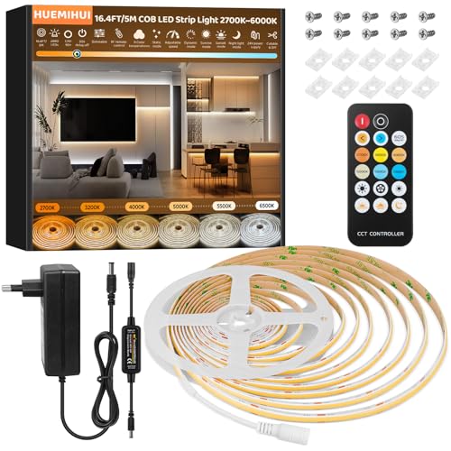 COB LED Streifen 5m, Hohe Dichte Super Helle 2880LEDs Flexible COB LED Lichter mit RF Fernbedienung, Dimmbares 2700K-6500K CRI90+ Selbstklebend 24V LED Strip Kit mit 24V Netzteil für Heim Gewerbe DIY von HUEMIHUI
