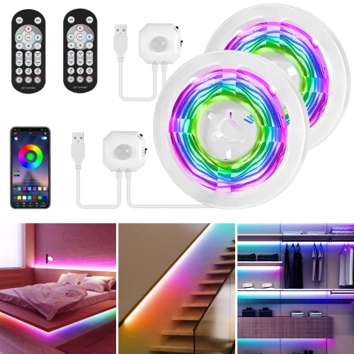 HUEMIHUI LED Bettlicht mit Bewegungssensor, Dreamcolor Nachtlicht LED Strip 6 m,USB LED Streifen mit Fernbedienung&APP Steuerung Bewegung aktiviert Unterbettlicht für Treppen,Schlafzimmer(2 * 3m) von HUEMIHUI