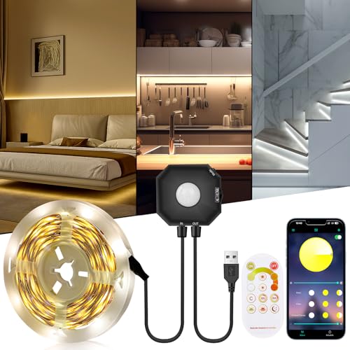 LED Strip mit Bewegungsmelder 5m,Dimmbar 3000K-6000K LED Streifen mit RF Fernbedienung&APP,Nachterkennungsmodus,PIR-Bewegungserkennung,Dauerlichtmodus,USB Flexible LED Nachtlicht für Babyzimmer Treppe von HUEMIHUI