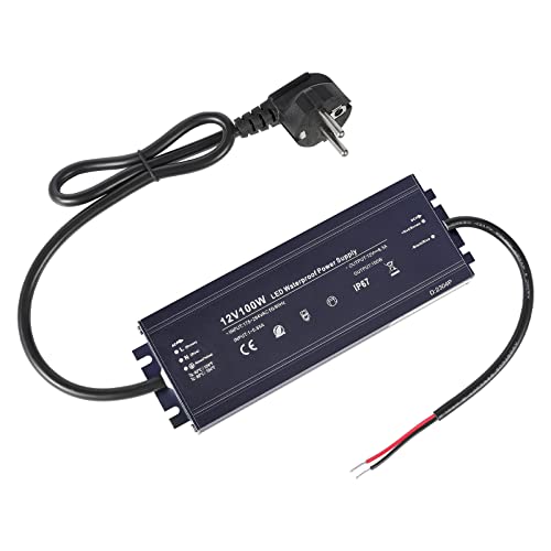 LED Trafo 12V 8,3A 100W, Outdoor IP67 Wasserdicht Transformator mit Stecker, Ultra Schmal Konstantspannungs LED Treiber Adapter, LED Netzteil AC 100-264V auf DC 12 Volt Adapter für Streifen Strahler von HUEMIHUI