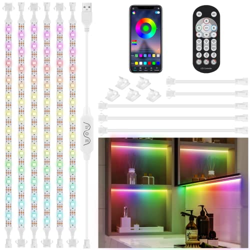Dreamolour LED Vitrinenbeleuchtung 3M, 6Pcs Music Sync Streifen mit RF Fernbedienung & APP, Dimmable 5V USB Farbwechsel LED-Unterschrankbeleuchtung für Theke Regal Bücherregal TV-Rückseite-6x50cm von HUEMIHUI
