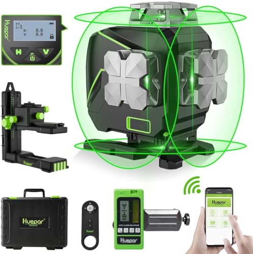 Huepar 16 Linien Selbstnivellierender Laser Level 4x360° Kreuzlinienlaser mit Empfänger - LCD-Bildschirm, 4D Bluetooth Grüner Strahl Fliesenbodenlaser, 360° Horizontaler/Vertikaler Laser S04-5RG von Huepar