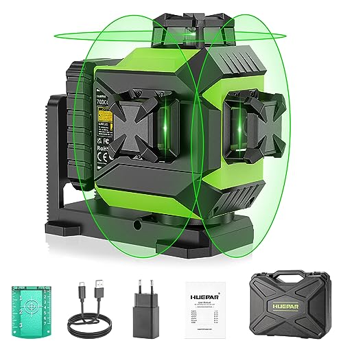 Huepar 360 Kreuzlinienlaser mit 12 Linien Selbst-Nivellierung-Kreuzlinienlaser Nivelliergerät mit 3D Grünen Strahlen 30M mit Pulsmodus Ausrichten Laser-Werkzeug, Lithium-Ionen-Akku 703CG von Huepar