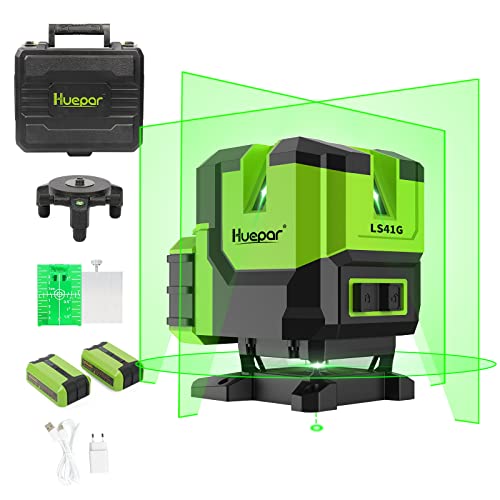 Huepar Multi-Linie Kreuzlinienlaser-4 Vertikale und eine 360° Horizontale Linien mit Lot, grünem Kreuzlinien-selbstnivellierendem Laserwerkzeug -Drehbasis, Hebebasis, 2 Li-Ionen-Batterien LS41G von Huepar