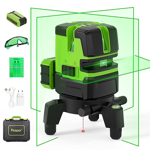 Huepar Multi-Linien Kreuzlinienlaser - vier vertikale Kreuzlinien und ein horizontale Kreuzlinie mit Lotpunkt grüner Strahlausrichtung selbstnivellierendes 360° drehbare Basis&Hartschalenkoffer NT411G von Huepar