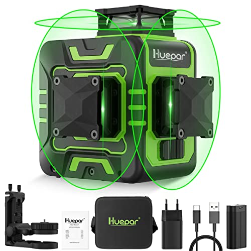 Huepar R03CG 3x360° Lasernivellier Selbstnivellierung Outdoor 3D Grüne Strahlen Kreuzlinien für Konstruktion/Hängen mit Pulsmodus bis zu 130ft, Lithium-Ionen-Akku und rotierende Basis von Huepar