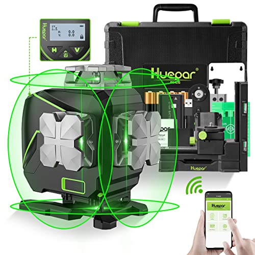 Huepar 16 Linien-selbstnivellierendes Laserniveau 4 x 360 ° mit LCD-Bildschirm, 4D Bluetooth Grüner Strahl Laserwerkzeug, Horizontal/Vertikal Laser -Fernbedienung & Hartschalenkoffer S04CG-C von Huepar