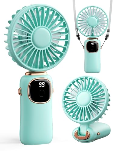 HUFACAI Tragbarer 3-in-1-Handventilator mit 4000 mAh Akku, LED-Display & 90° faltbarer Basis – 5 Geschwindigkeiten, Grün von HUFACAI