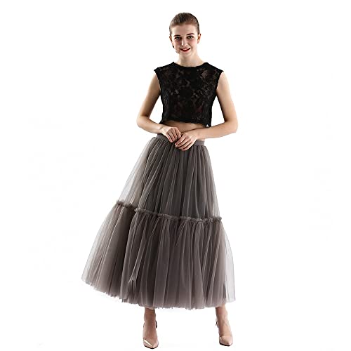 HUFFA Frauenfefe A-Line-Rock Elastizität Taille Plissierte Langrock Rüsche Tüll-Stufen-Rock Lange Röcke for Frauen Fee Falten Tüllrock Gothic Clothes (Color : Deep Grey, Size : One Size) von HUFFA