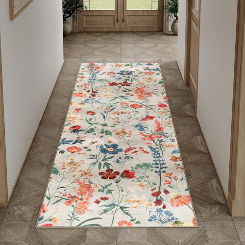 HUGEAR Beige Waschbarer Läufer Teppich Flur 60x180cm Blumenmuster Bettvorleger Blumen Boho Modern Küchen Wohnzimmer Schlafzimmer Teppiche rutschfest Kurzflor Weich Flurläufer Teppichläufer von HUGEAR