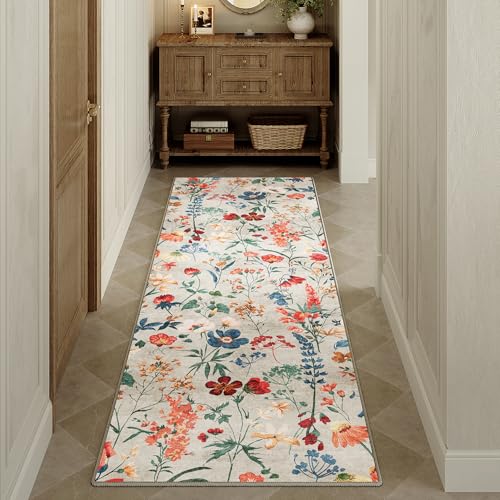 HUGEAR Beige Waschbarer Läufer Teppich Flur 60x240cm Blumenmuster Bettvorleger Blumen Boho Modern Küchen Wohnzimmer Schlafzimmer Teppiche rutschfest Kurzflor Weich Flurläufer Teppichläufer von HUGEAR