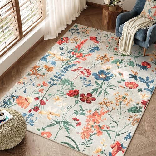 HUGEAR Beige Waschbarer Teppich Blumenmuster 150x80cm Blumen Boho Neutral Modern Rugs for Living Room Weich rutschfest Groß Tepich Kurzflor Schlafzimmer Carpet Esszimmer Bedroom Teppiche Büro von HUGEAR