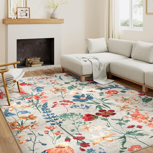 HUGEAR Beige Waschbarer Teppich Blumenmuster 160x230cm Blumen Boho Neutral Modern Rugs for Living Room Weich rutschfest Groß Tepich Kurzflor Schlafzimmer Carpet Esszimmer Bedroom Teppiche Büro von HUGEAR