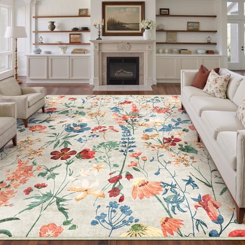 HUGEAR Beige Waschbarer Teppich Blumenmuster 240x300cm Blumen Boho Neutral Modern Rugs for Living Room Weich rutschfest Groß Tepich Kurzflor Schlafzimmer Carpet Esszimmer Bedroom Teppiche Büro von HUGEAR