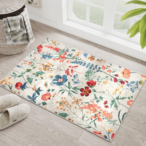 HUGEAR Beige Waschbarer Teppich Blumenmuster 60x90cm Bumen Boho Eingangsbereich Neutral Modern Fußmatte Badezimmerteppich Weich rutschfest Kleiner Kurzflor Bad Schlafzimmer Carpet Bedroom von HUGEAR