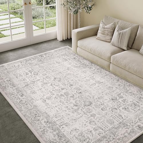 HUGEAR Grau Bereich Teppich 150x210 cm Indoor Vintage Wohnzimmer Küche Waschbar Distressed Floral Schlafzimmer Retro Akzent Wurf für Büro Esszimmer Badezimmer von HUGEAR