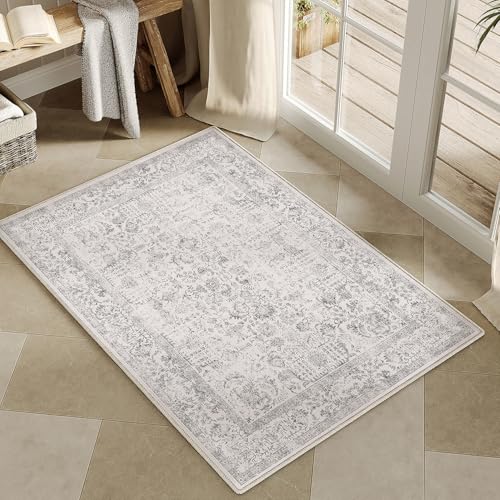 HUGEAR Grau Bereich Teppich 60x90 cm Eingang Teppich Küche Vintage Wohnzimmer Teppich Indoor Schlafzimmer Teppich Waschbar Distressed Teppich Grau Floral Tür Matte Retro Akzent Wurf Teppich Büro Bad von HUGEAR