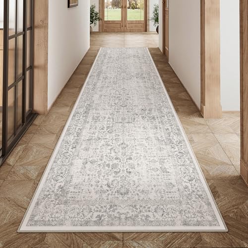 HUGEAR Grau Läufer Teppich 60x240 cm Indoor Vintage Bereich Teppich Flur Schlafzimmer Teppich Waschbar Wohnzimmer Teppich Retro Floral Akzent Werfen Teppich Distressed Boden Teppich Esszimmer Bad von HUGEAR