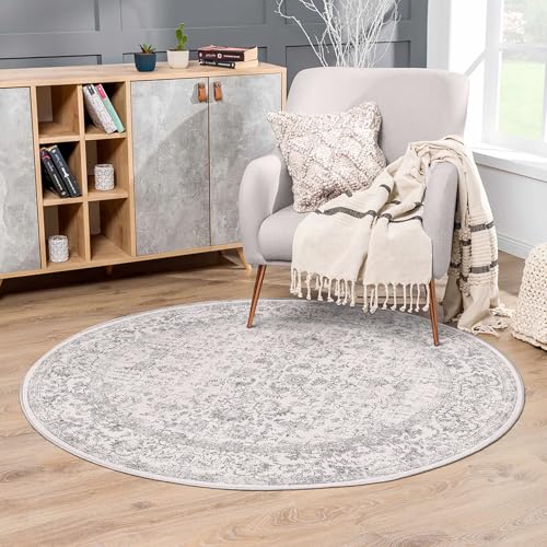 HUGEAR Grau Runder Teppich 120 cm Round Eingangsbereich Teppich Kleiner Kreis Bereich Teppich Küche Vintage Teppich rutschfest Innenschlafzimmer Waschbar Distressed Teppich Floral Tür Matte Retro von HUGEAR