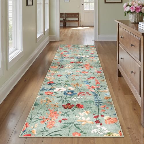 HUGEAR Grün Waschbarer Läufer Teppich Flur 60x240cm Blumenmuster Bettvorleger Blumen Boho Modern Küchen Wohnzimmer Schlafzimmer Teppiche rutschfest Kurzflor Weich Flurläufer Teppichläufer von HUGEAR