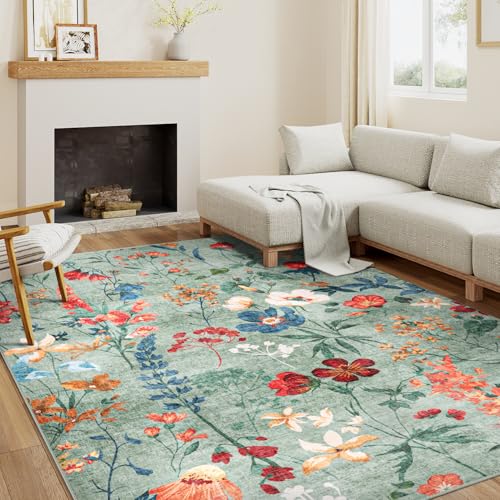 HUGEAR Grün Waschbarer Teppich Blumenmuster 160x230cm Blumen Boho Neutral Modern Rugs for Living Room Weich rutschfest Groß Tepich Kurzflor Schlafzimmer Carpet Esszimmer Bedroom Teppiche Büro von HUGEAR