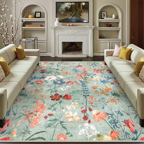 HUGEAR Grün Waschbarer Teppich Blumenmuster 240x300cm Blumen Boho Neutral Modern Rugs for Living Room Weich rutschfest Groß Tepich Kurzflor Schlafzimmer Carpet Esszimmer Bedroom Teppiche Büro von HUGEAR