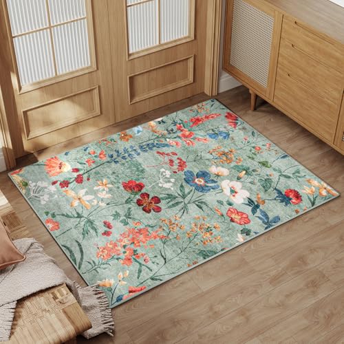 HUGEAR Grün Waschbarer Teppich Blumenmuster 60x90cm Bumen Boho Eingangsbereich Neutral Modern Fußmatte Badezimmerteppich Weich rutschfest Kleiner Kurzflor Bad Schlafzimmer Carpet Bedroom von HUGEAR