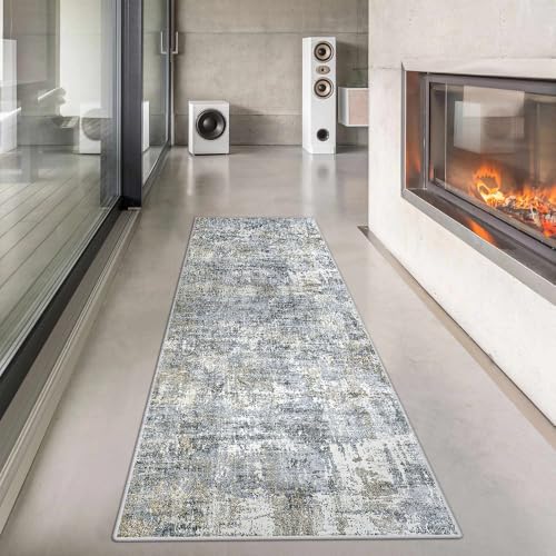 HUGEAR Maschine Waschbarer Läufer Teppich 60 x 180 cm Grau Flur Bereich Teppiche Indoor Akzent Teppich Moderne Abstrakte Low Pile Distressed Wurf Wohnzimmer Esszimmer Küche rutschfest von HUGEAR