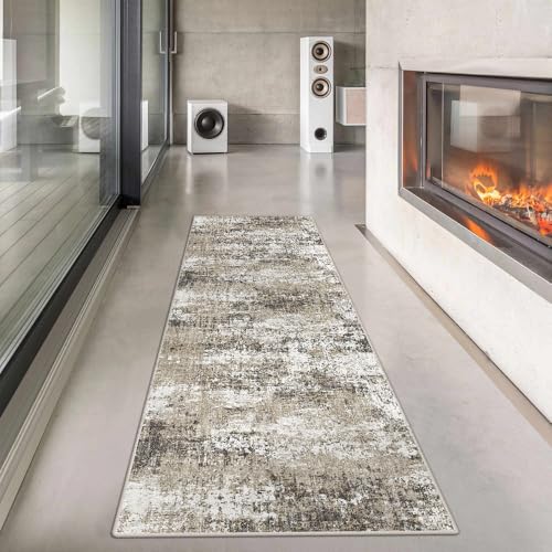 HUGEAR Maschine Waschbarer Läufer Teppich 60 x 180 cm Taupe Flur Bereich Teppich Indoor Akzent Teppich Moderne Abstrakte Low Pile Teppich Distressed Wurf Teppich Esszimmer Küche rutschfest von HUGEAR